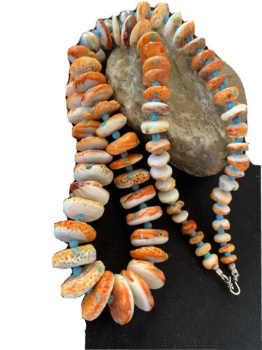 Authentic Navajo Orange Spiny Oyster & Turquoise Necklace | Sterling Silver | 28" | Native American Jewelry