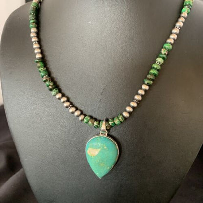 Navajo Green Turquoise Pendant Necklace | Sterling Silver Beads | Authentic Native American Handmade | 13367