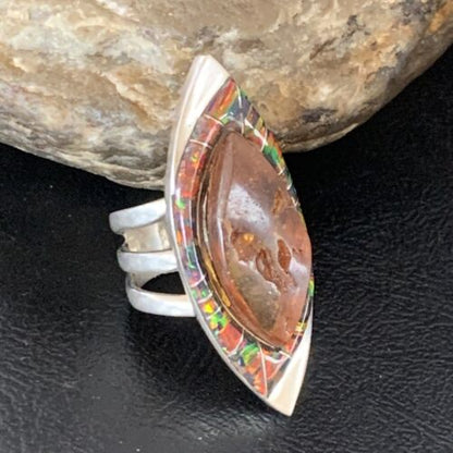 Navajo Sterling Silver Opal Inlay Ring with Amber | Sz 9 | Authentic Native American Handmade | Pomellato | 12849