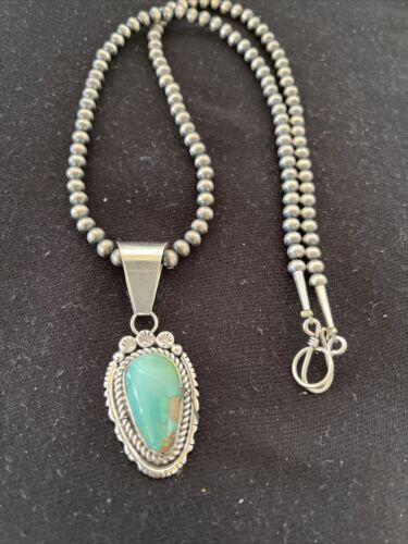 Women's Royston Turquoise Pendant Necklace | Navajo Pearls | Sterling Silver | Authentic Native American Handmade | 01183