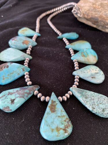 Authentic Native American Navajo Pearls Necklace | Sterling Silver & Blue Turquoise | 1451