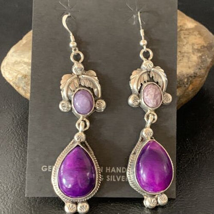 Navajo Purple Sugilite Dangle Earrings | Sterling Silver | 2" | Authentic Native American Handmade | 12881