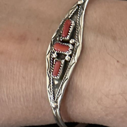 Native American Navajo Red Coral Cuff Bracelet | Sterling Silver | Authentic Handmade | 14592