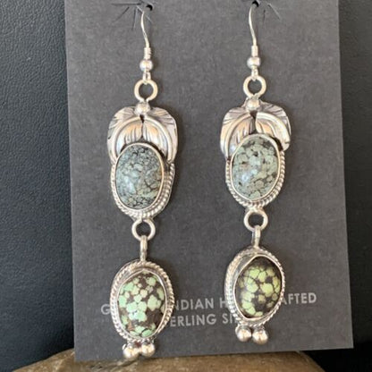 Navajo Green Spiderweb Turquoise Dangle Earrings | Sterling Silver | Authentic Native American Handmade | 13545
