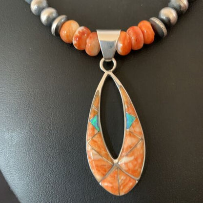 Navajo Pearls Sterling Silver Necklace | Orange Spiny Oyster Inlay Pendant | Authentic Native American Handmade | 11318