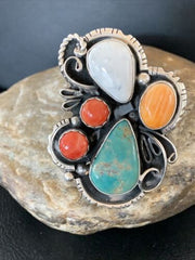 Navajo Blue Kingman Turquoise and Spiny Oyster Ring | Authentic Native American Sterling Silver | Multi-Stone | Sz 12.5 | 02163