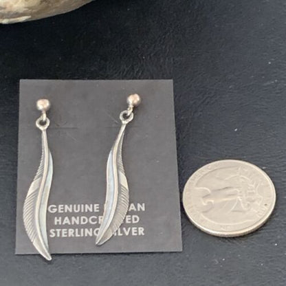 Old Pawn Southwestern Sterling Silver Dangle Feather Earrings | 1" | 12988