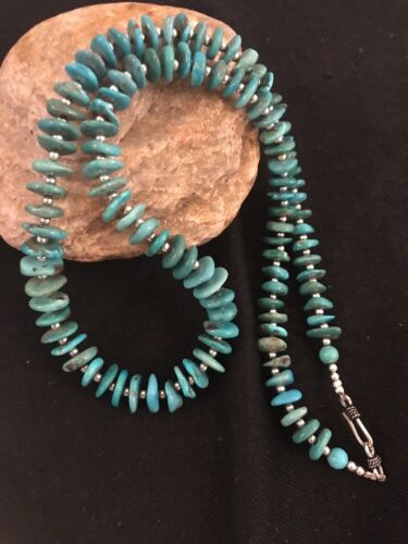 Santo Domingo Kingman Turquoise Necklace | Sterling Silver | 21" | Authentic Native American Handmade | 3996 - Masha USA