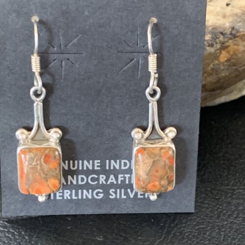 Navajo Orange Spiny Oyster Inlay Earrings | Sterling Silver | Authentic Native American Handmade | 12829