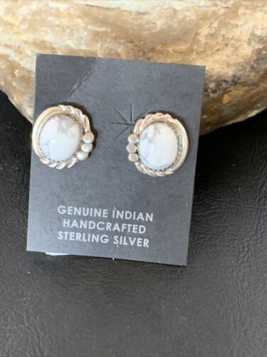 Navajo Sterling Silver White Howlite Oval Earrings | 0.50" | Authentic Native American Handmade | 13374
