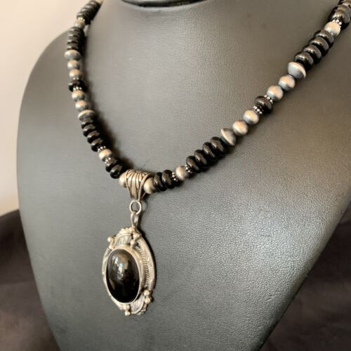 Native American Men's Navajo Pearl Necklace Pendant | Sterling Silver Black Onyx | 10805