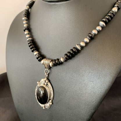 Native American Men's Navajo Pearl Necklace Pendant | Sterling Silver Black Onyx | 10805