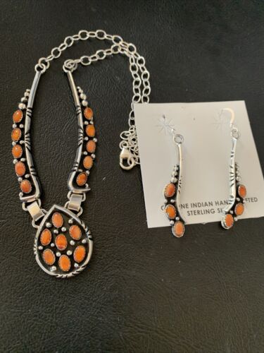 Navajo Red Spiny Oyster Necklace & Earrings Set | Sterling Silver | Native American Handmade | 2111