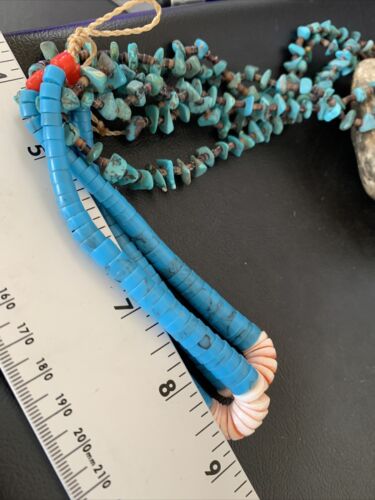 Native American Santo Domingo Spiny Blue Turquoise Shell Jacla Necklace | 3-Strand 27" | 12495