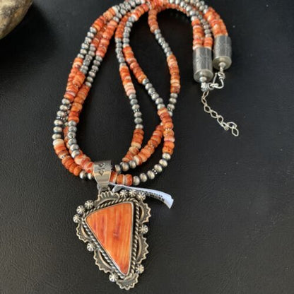 Navajo Red Spiny Oyster Pendant | Sterling Silver | Native American Pearls Necklace | Multi-Strand | 1658