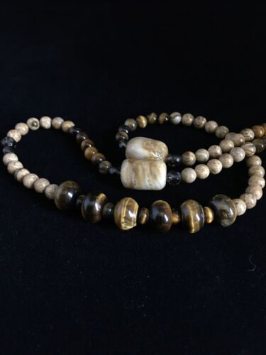 Women's Graduated Tigers Eye & Picture Jasper Necklace | Sterling Silver | Authentic Native American | 21"