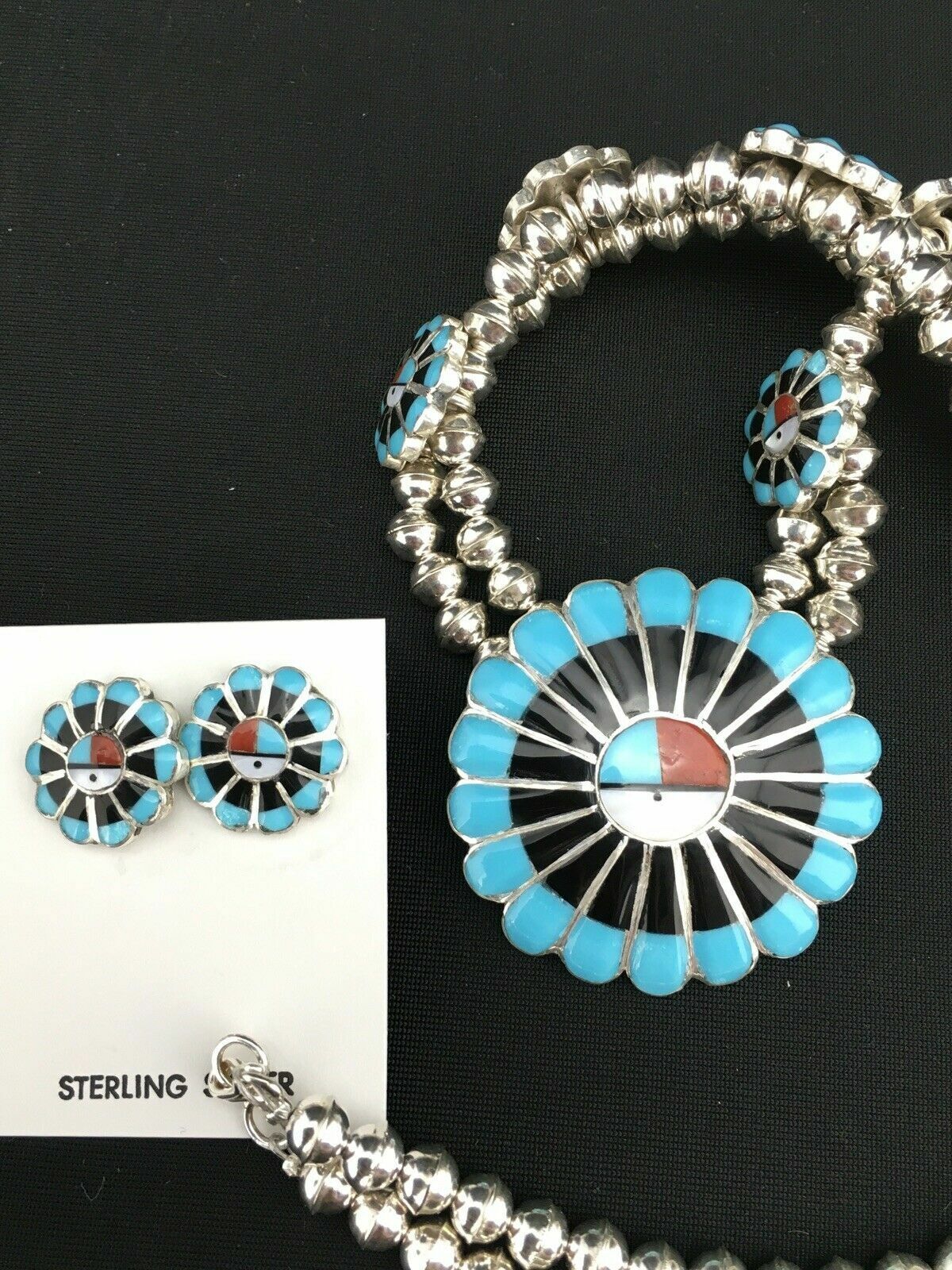 Zuni Sun Face Turquoise Inlay Sterling Silver Squash Blossom Necklace Set | Native American Handmade | 1308