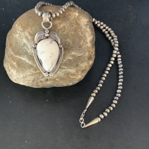 White Buffalo Turquoise Pendant Necklace | Sterling Silver | Navajo | Authentic Native American Handmade | 14049