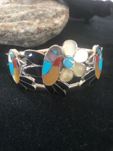 Zuni Sterling Inlay Hummingbird Bracelet | Multi Stone Turquoise | Old Pawn  | 7.5" | 8299