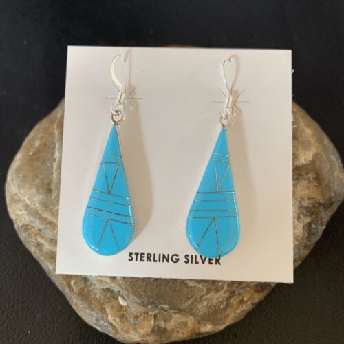 Navajo Blue Turquoise Inlay Dangle Drop Earrings | Sterling Silver | 1.5" | 13311