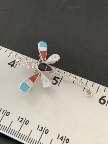 Zuni Turquoise Mother of Pearl Inlay Dragonfly Necklace Pin Pendant | Sterling Silver | 12317