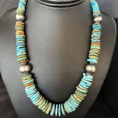 Navajo Blue Green Turquoise Bead Necklace | Sterling Silver | Authentic Native American | 20" | 14242
