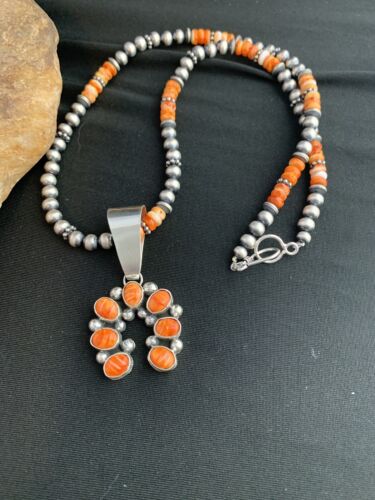 Navajo Pearls Sterling Necklace | Orange Spiny Oyster Cluster Naja Pendant | Native American 21" | 00189