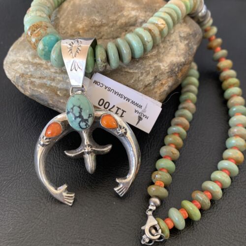 Navajo Pearl Necklace with Sterling Silver Green Turquoise & Spiny Oyster Naja Pendant | 11700