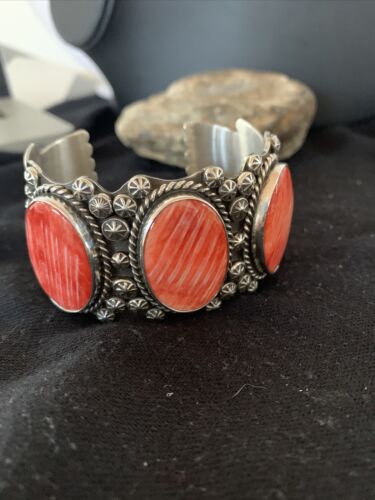 Navajo Red Spiny Oyster Cuff Bracelet | Sterling Silver | Authentic Native American Handmade | 01107