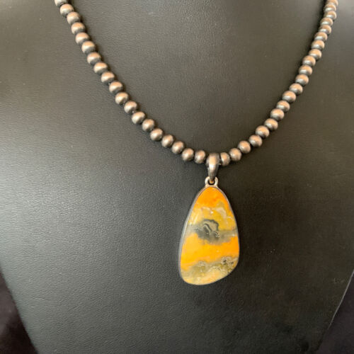 Navajo Yellow Bumblebee Jasper Pendant | Sterling Silver Necklace | Authentic Native American Handmade | 12811