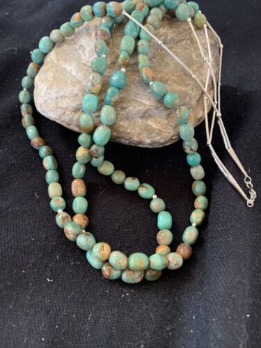 Navajo Sterling Silver Heishi Green Turquoise 2 Strand Bead Necklace | Authentic Native American Handmade | 00871
