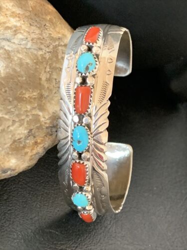 Navajo Blue Kingman Turquoise Coral Cuff Bracelet | 7 Strand | Sterling Silver | 12315