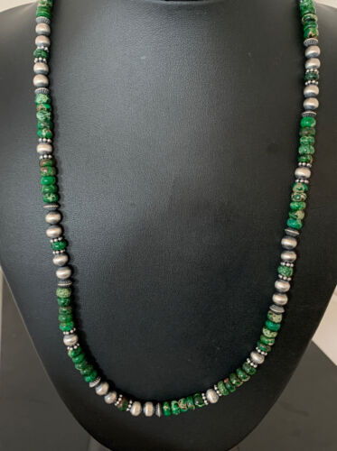 Navajo Green Turquoise Bead Necklace | Sterling Silver | 22" | Authentic Native American Handmade | 02040