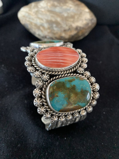 Navajo Royston Turquoise & Spiny Oyster Cuff Bracelet | Sterling Silver | Authentic Native American Handmade | 1105