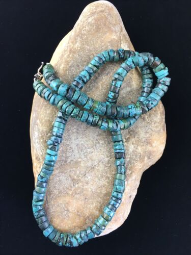 Native American Green Turquoise Heishi Necklace | Sterling Silver | 26" | 13901