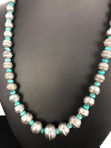 Navajo Pearls Turquoise Bead Necklace | Sterling Silver | 25" Single Strand | Southwestern | 00104