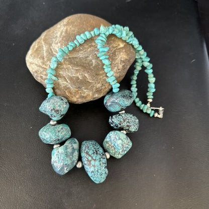 Navajo Chunky Blue Turquoise Nugget Necklace | Sterling Silver | Authentic Native American Handmade | 20" | 14417