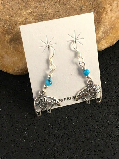 Navajo Sterling Silver Turquoise Bead Dangle Bear Paw Earrings | Authentic Native American Handmade | 8785
