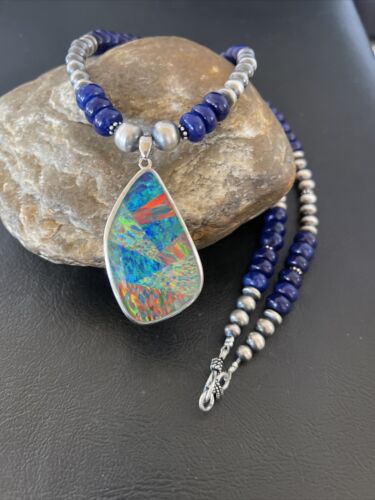 Men's Sterling Silver Necklace | Blue Lapis Bead | Opal Inlay Pendant | 10583