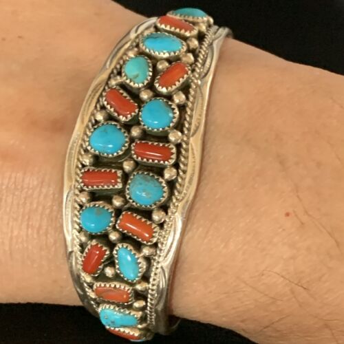 Navajo Kingman Turquoise Coral Cuff Bracelet | Sterling Silver | Authentic Native American Handmade | 14216