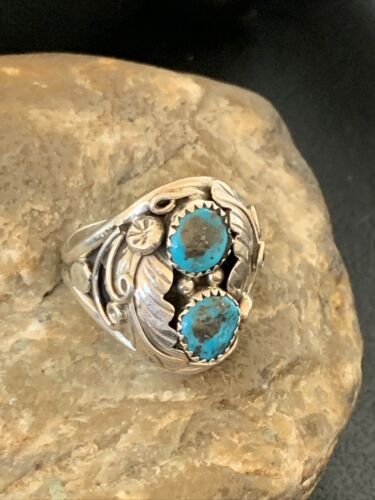 Navajo Blue Kingman Turquoise Feather Ring | Authentic Native American Sterling Silver | Multi-Stone | Sz 11.5 | 12224