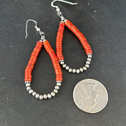 Southwestern Red Coral Dangle Earrings | Sterling Silver Heishi Bead | 2" | 14426