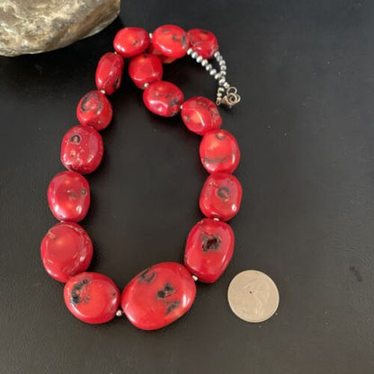 Navajo Red Coral Bead Necklace | Sterling Silver | 22" | Authentic Native American Handmade | 13406 - Masha USA