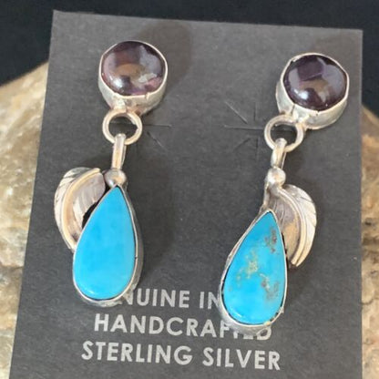 Navajo Sterling Silver Dangle Leaf Earrings | Purple Sugilite & Blue Turquoise | 13443