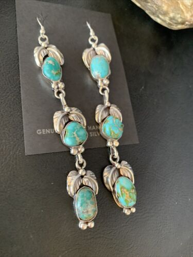 Navajo Sonoran Gold Turquoise Earrings | Sterling Silver | 3 Dangle | Authentic Native American Handmade | 13926