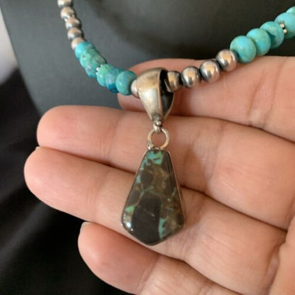Women's Blue Turquoise Pendant Necklace | Navajo Pearls | Sterling Silver | Authentic Native American Handmade | 13368