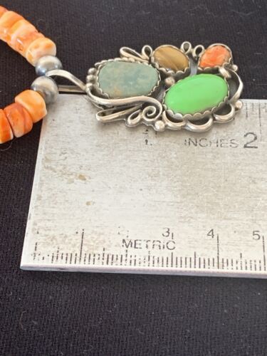 Navajo Green Turquoise and Spiny Bead Necklace Pendant | Sterling Silver | Authentic Native American Handmade | 573