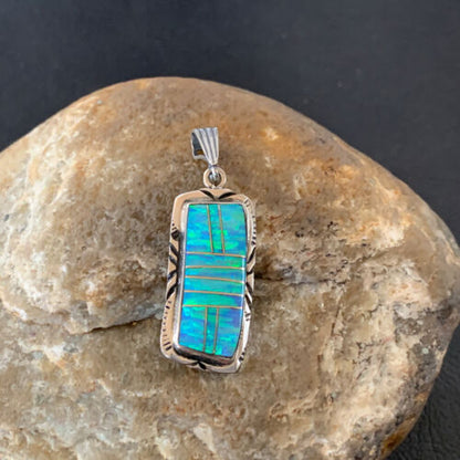 Authentic Native American Navajo Sterling Silver Pendant | Blue Faux Opal Inlay | 01480