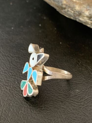 Zuni Peyote Bird Inlay Ring | Sterling Silver | Coral, Turquoise, Onyx, Mother of Pearl | Sz 6.5 | 10791