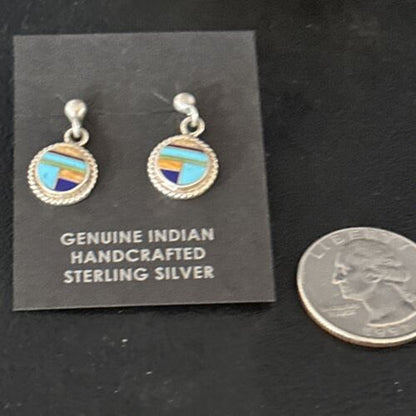 Navajo Multi-Color Turquoise Spiny Lapis Inlay Earrings | Sterling Silver | Authentic Native American Handmade | 14653